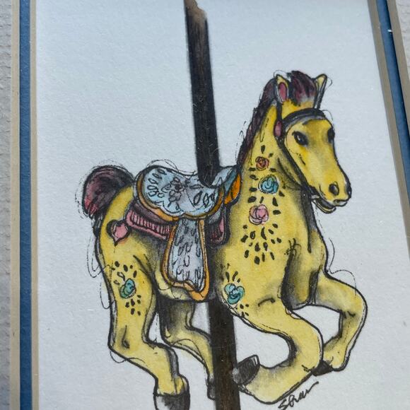None and/or Unknown Other - Yellow Carousel Horse 5x7 Matted Print Hand Watercolor, Signed Shar Coulson